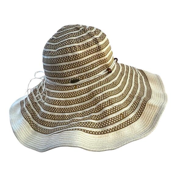 Vintage Fabric Polka Dot Brown Beige Wide-Brimmed SunHat wire edges to adjust OS main image 4